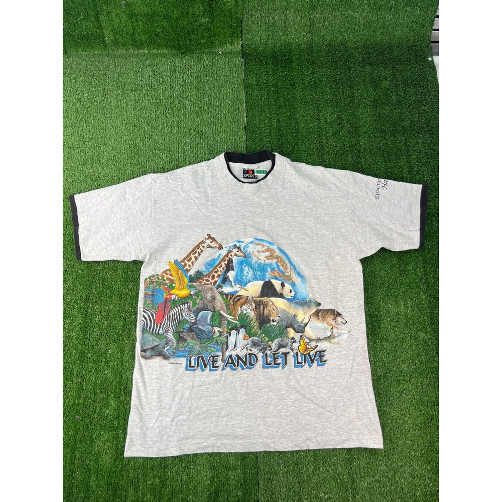 Vintage Signal Sports Live and Let Live Animal Graphic Ringer T-Shirt XL Gray